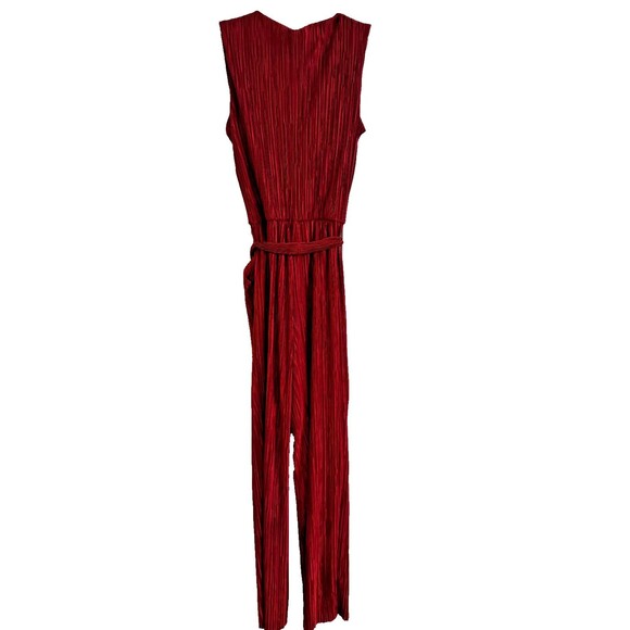 NWT NY Collection Wine Micro Pleated Jumpsuit Sz XS Sleeveless Tie Belt Career - Picture 8 of 14